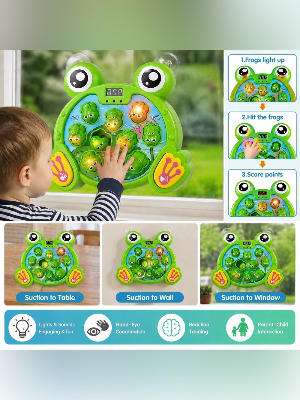 Frog Whack A Frog Interactive Light Up Suction Bath Window Game Toy Music Kids